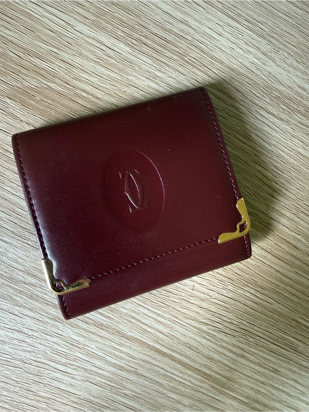 Vintage Cartier Burgundy Leather Square Coin Purse with Gold Corners